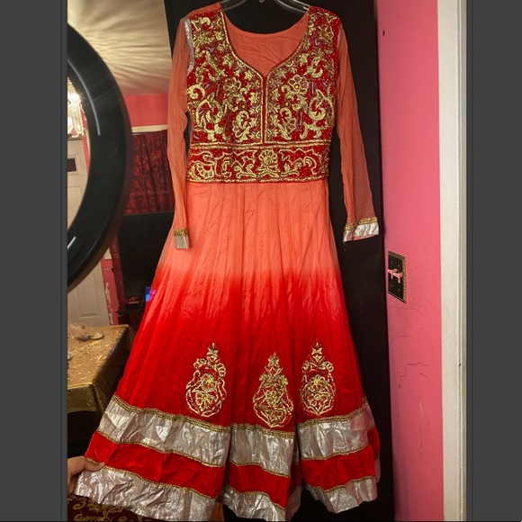 Heavy stone work red and peach color net dress - Picture 1 of 3